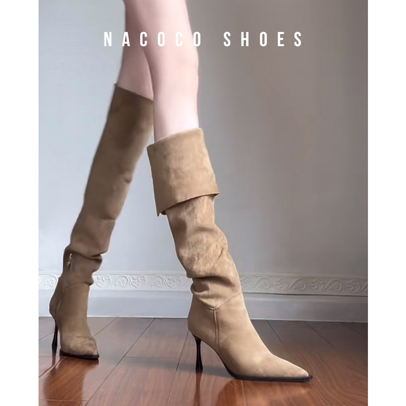 高跟尖头长筒靴女细跟爆款百搭堆堆靴2025新款绒面大筒围过膝靴子