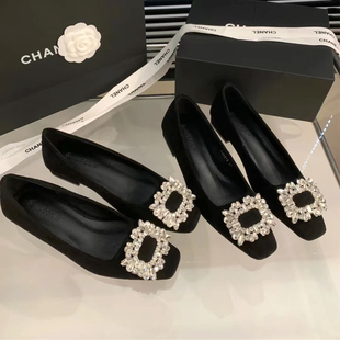 厚黑水钻绒面高跟鞋女方头浅口平底鞋2025年新款通勤粗跟方扣单鞋
