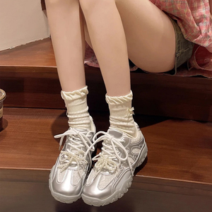 德训鞋女2025年新款春夏厚底小个子阿甘鞋休闲百搭珍珠网面小白鞋