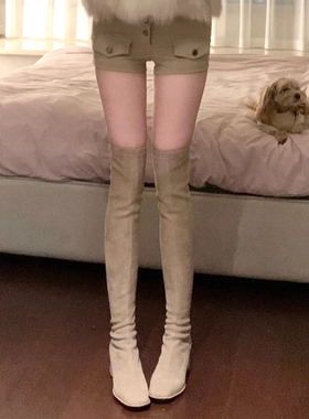 卡其色方头高跟过膝长筒靴女2025冬季新款绒面弹力显瘦粗跟高筒靴