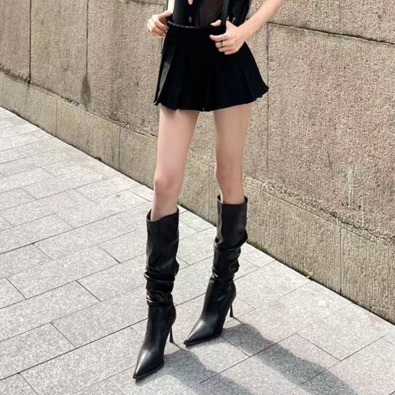 黑色尖头高跟褶皱堆堆靴女2026秋冬新款高筒骑士靴细跟显瘦长筒靴