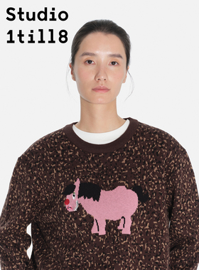 Studio1till8 深咖色趣味设计感秋冬针织衫点状提花小马刺绣毛衣