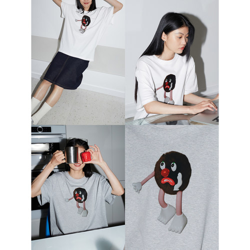 毛绒牙痛印花图案T恤夏女