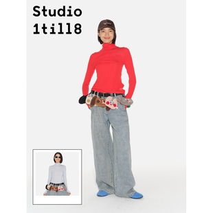 Studio1till8 天空蓝/嫣红 薄款内搭柔软上衣撞色高领打底衫女秋