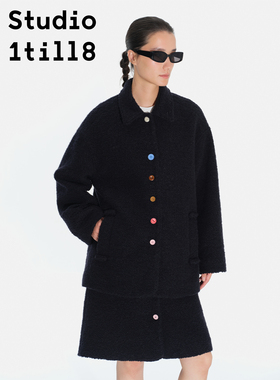 Studio1till8 羊毛混纺呢大衣拼彩扭扣A字半裙套装设计感两件套