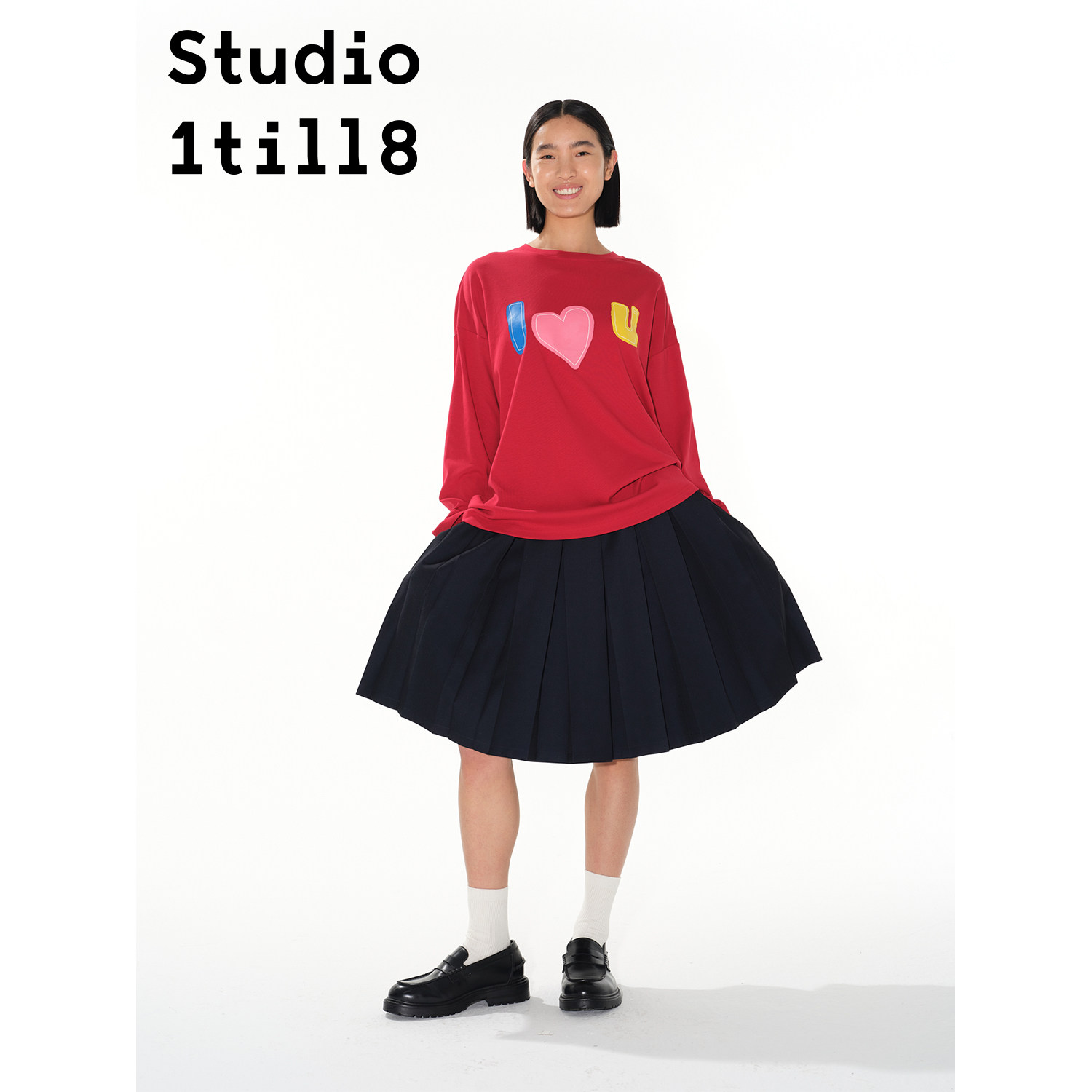 Studio1till8 复古爱心印花落肩袖宽松长袖套头T恤上衣 红色/灰色