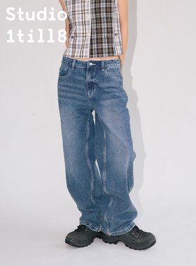 Studio1till8 牙痛苹果刺绣直筒宽松长裤休闲中腰纯棉牛仔裤女