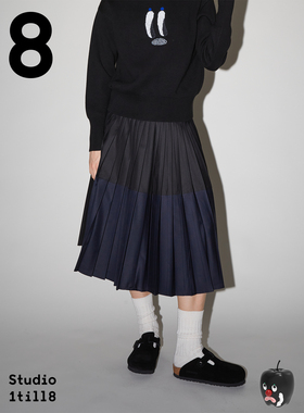Studio1till8 弱撞色拼接设计A字百褶裙秋冬中长款细褶半身裙