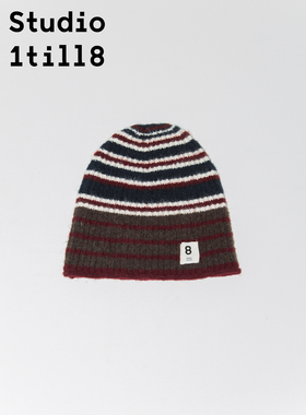 Studio1till8 条纹针织冷帽女藏青酒红拼色设计感秋冬保暖帽子
