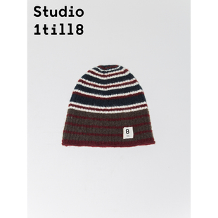 Studio1till8 条纹针织冷帽女藏青酒红拼色设计感秋冬保暖帽子