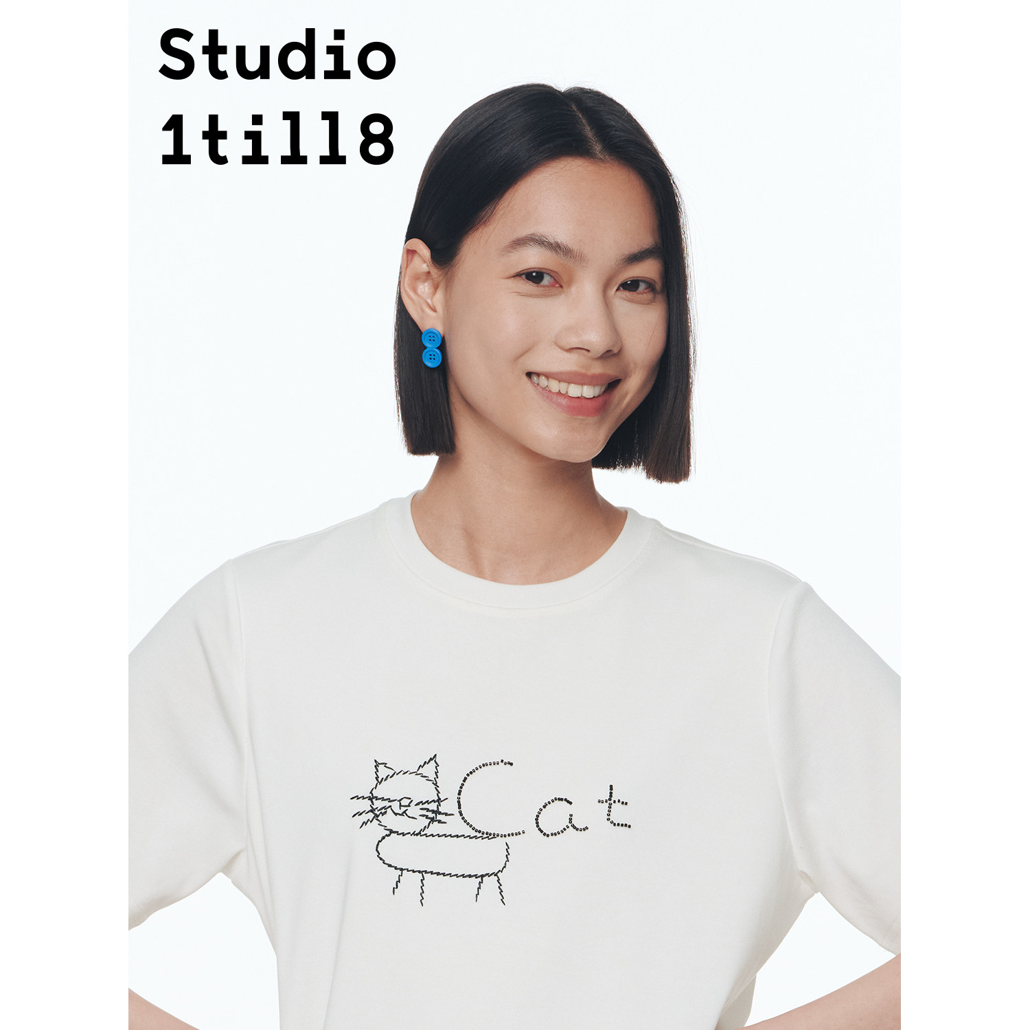 Studio1till8 本期热推！白色/黄色/藏青 可爱猫狗象创意刺绣T恤