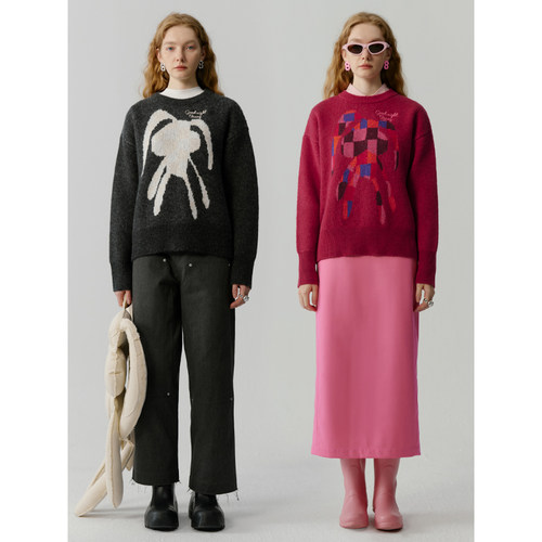 彩色复古晚安兔宽松毛衣