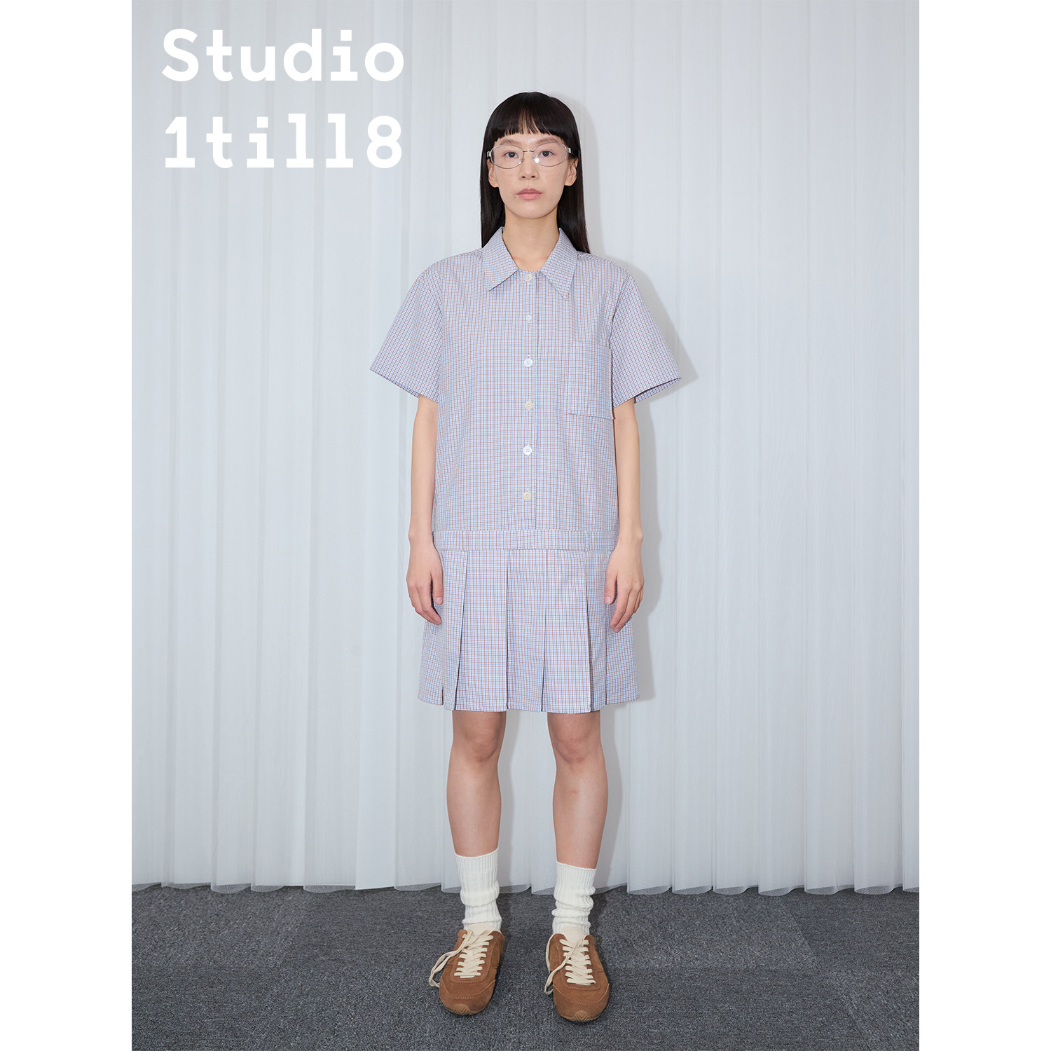 Studio1till8 通勤百褶连上衣短裙宽松纯棉格纹翻领衬衫连衣裙