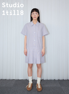 Studio1till8 通勤百褶连上衣短裙宽松纯棉格纹翻领衬衫连衣裙