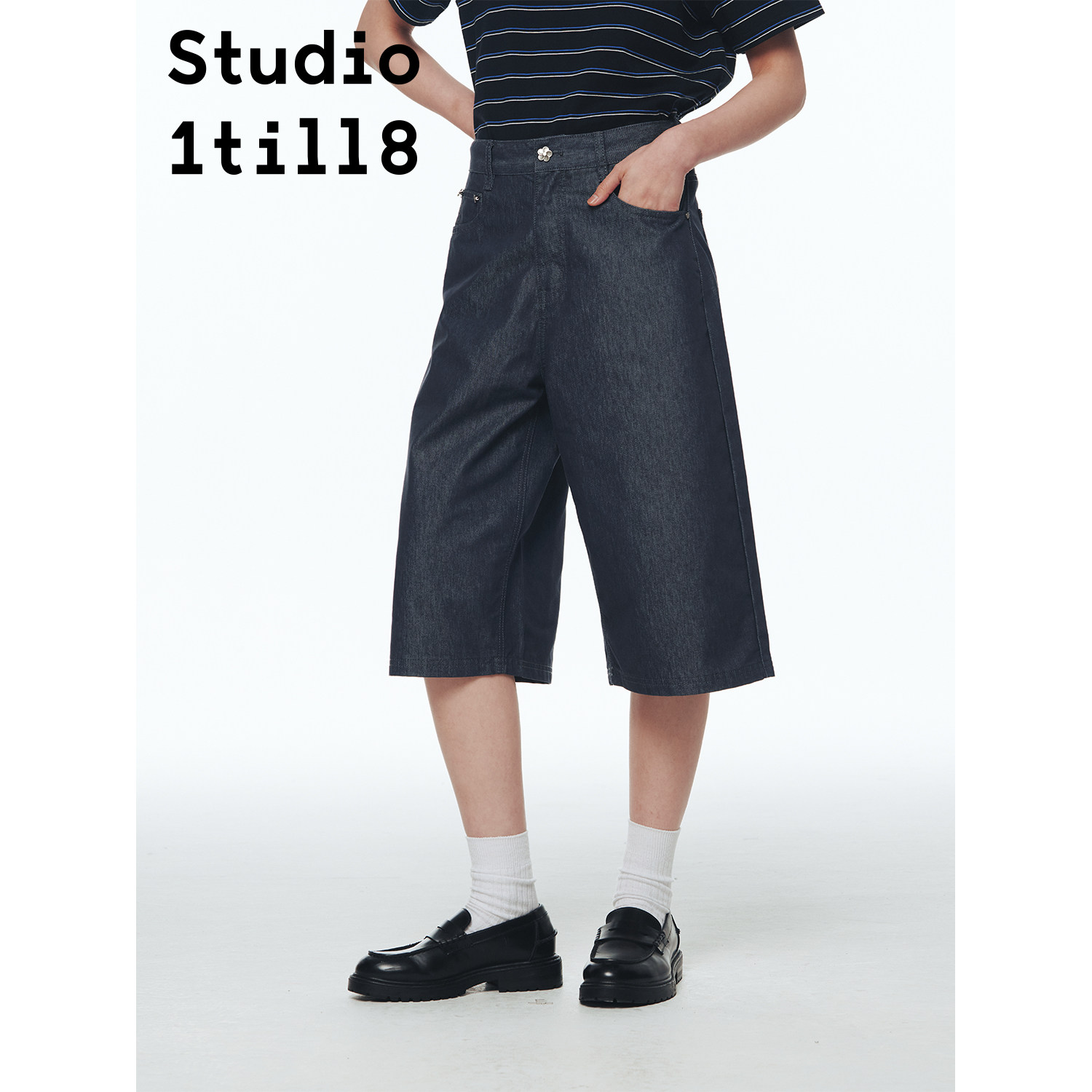Studio1till8 深蓝色 精致小花扣A版宽松夏季百搭六分裤子女 - 实物图