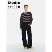 套头针织衫 棕色条纹 条纹拼接毛衣女秋冬 藏青条纹 Studio1till8