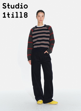 Studio1till8 藏青条纹/棕色条纹 套头针织衫条纹拼接毛衣女秋冬