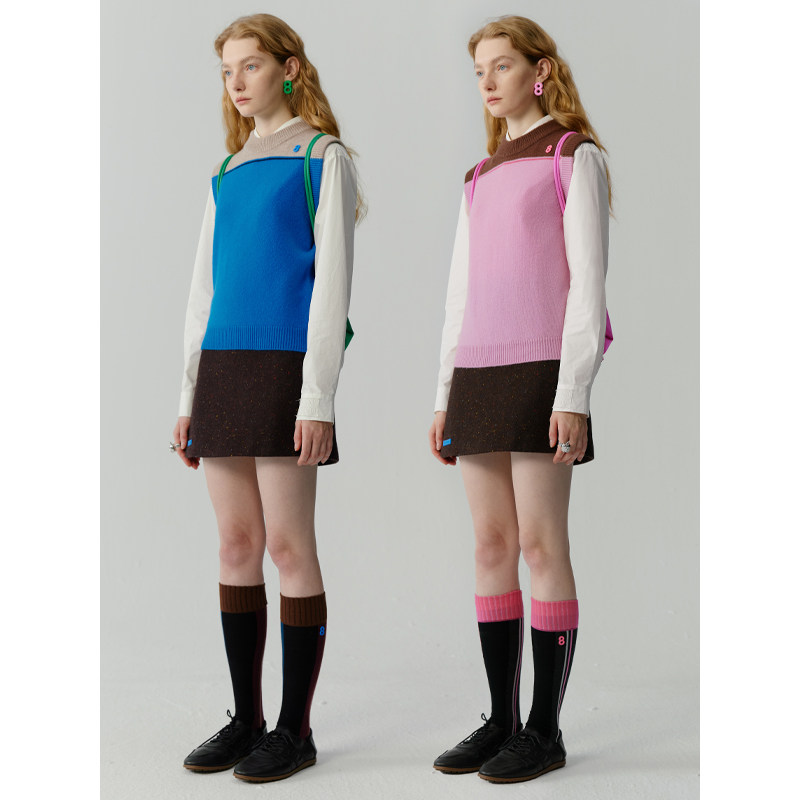 色块感拼接羊绒背心毛衣