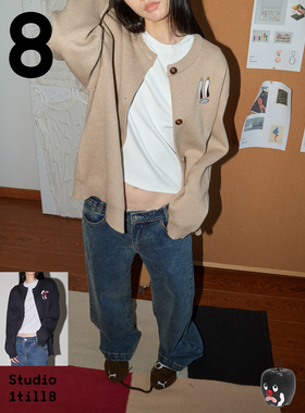 Studio1till8 “看看”表情刺绣上衣秋季百搭学院风针织开衫女