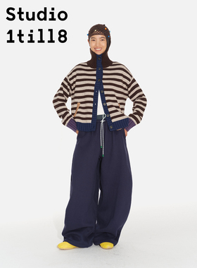 Studio1till8 复古撞色羊毛混纺毛衣外套拼接条纹秋冬针织开衫女