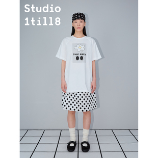 白色印花T恤女 Studio1till8 oversize宽松版 夏季 纯棉上衣插肩袖