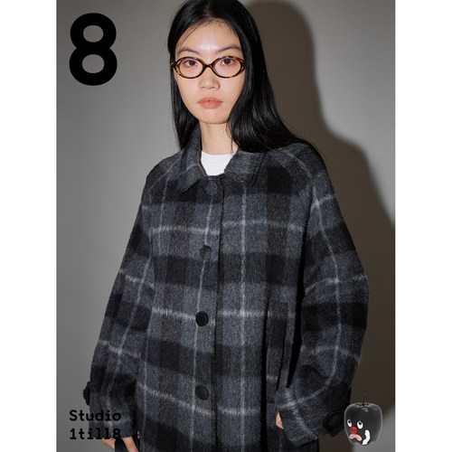 Studio1till8 复古撞色格纹A字型呢外套中长款毛呢大衣女秋冬