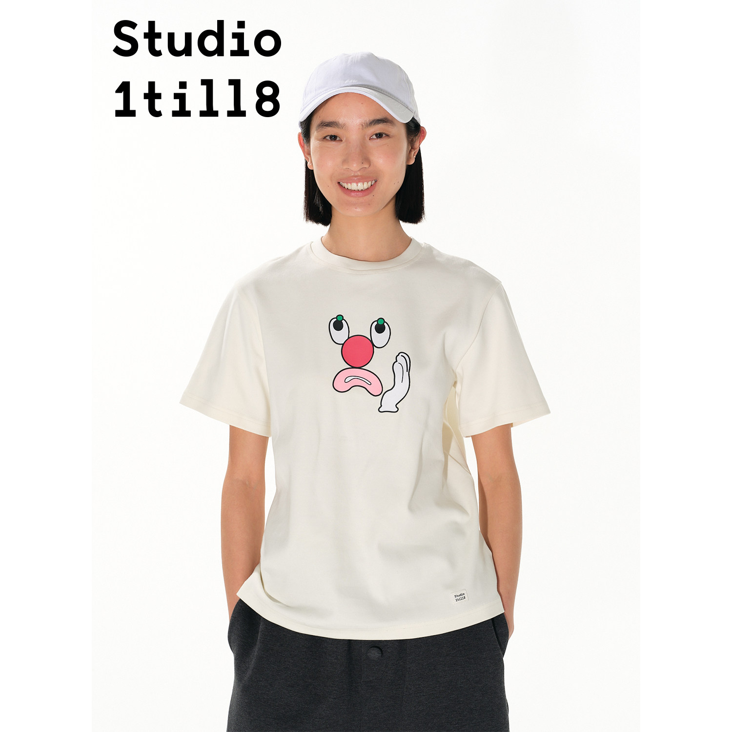 Studio1till8 米白色/黑色“心事系列”牙痛表情印花短袖T恤女夏