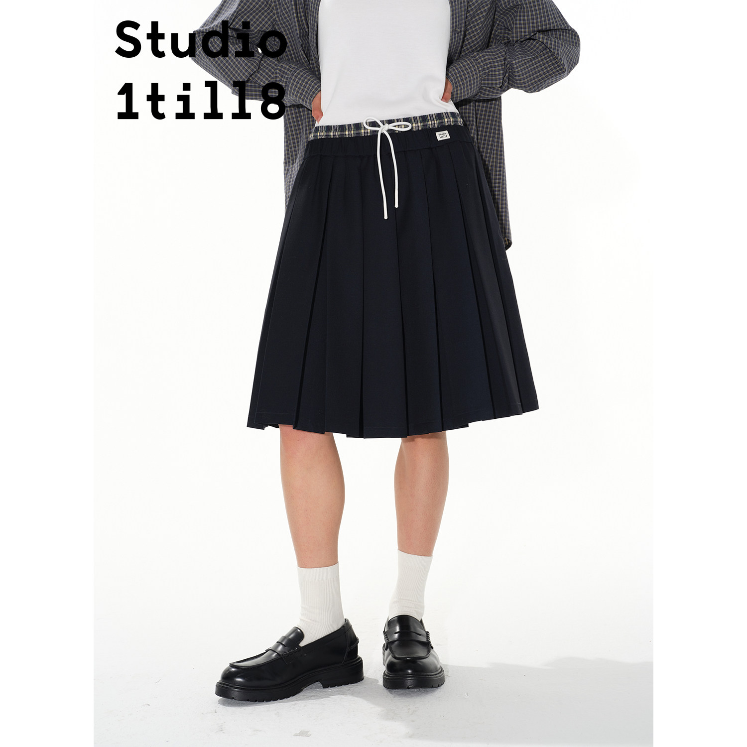 Studio1till8 格纹拼接百褶裙女中长款抽绳A字半裙 藏青色/橘黄色