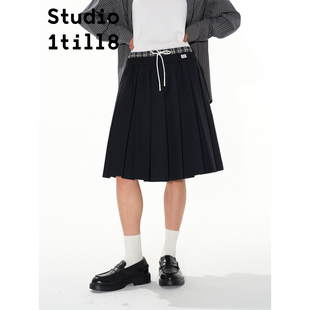 Studio1till8 格纹拼接百褶裙女中长款抽绳A字半裙 藏青色/橘黄色