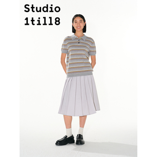 Studio1till8 花灰色薄款春夏短袖细条纹Polo领柔软针织小衫