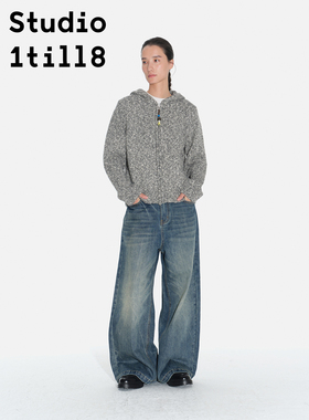 Studio1till8 花灰色连帽针织开衫串珠拉链设计感宽松毛衣外套