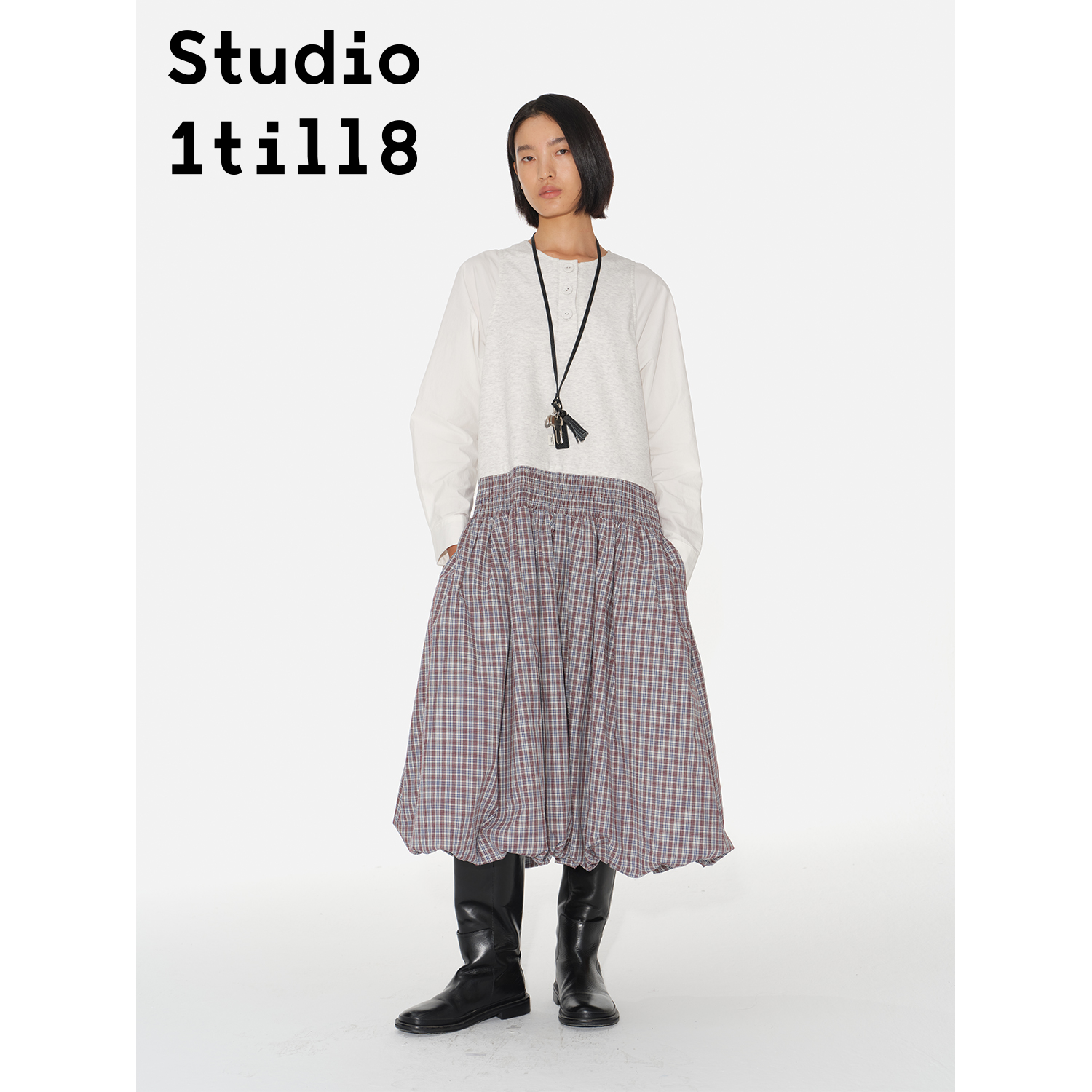 Studio1till8拼接格纹连衣裙