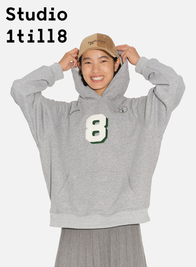 Studio1till8 花灰色刺绣数字8套头上衣运动风宽松抓绒连帽卫衣女