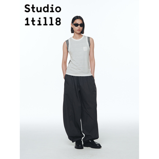 Studio1till8  灰白/粉棕 莱赛尔混纺轻薄无袖上衣假两件条纹背心