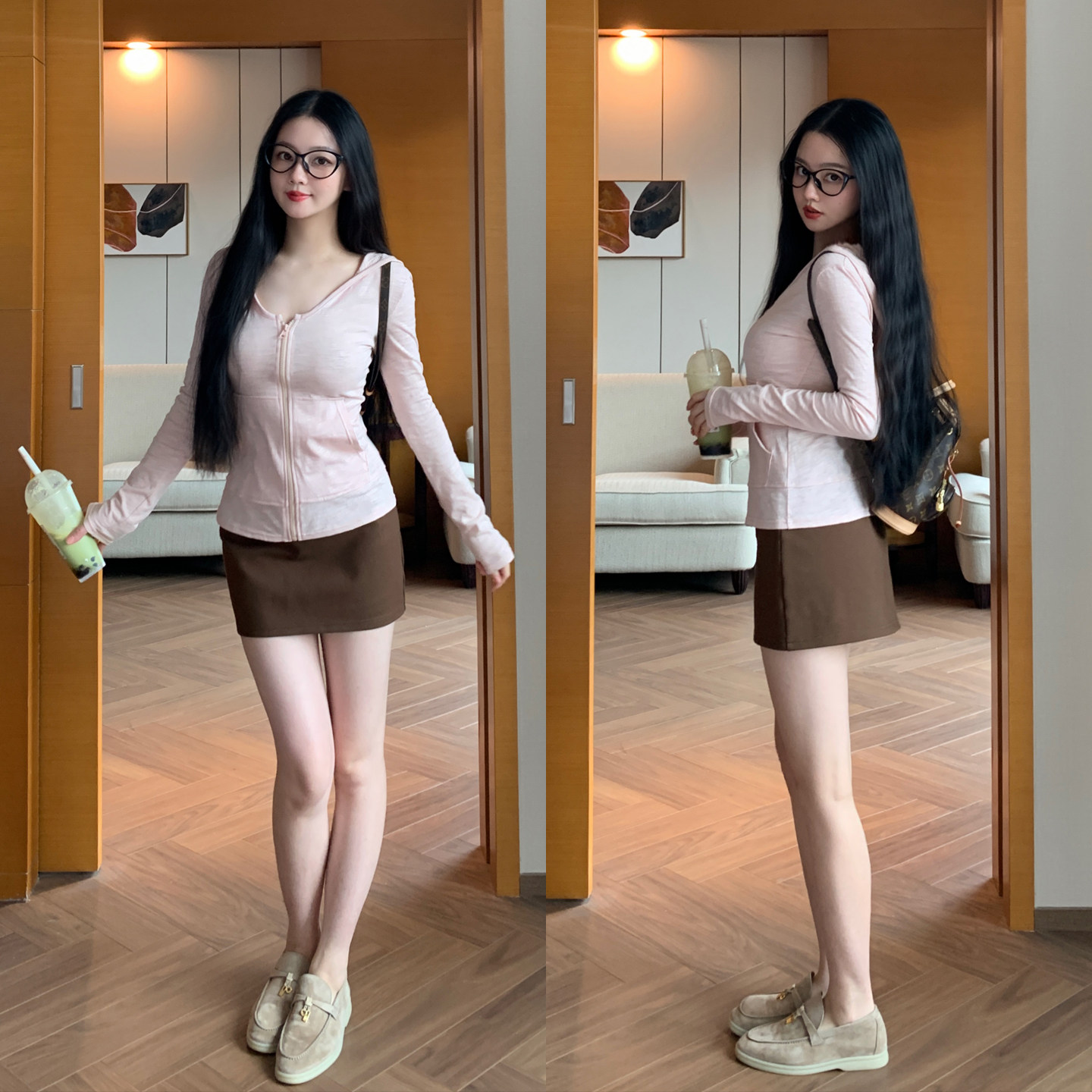 miu系咖色半身裙修身弹力包臀裙