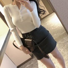 女 V领长袖 针织上衣修身 纽扣打底衫 款 人手一件经典 高腰黑色短款