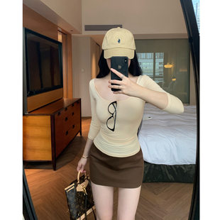 裸感肌肤Tee 芭蕾正肩大u领七分袖T恤修身肤感打底衫舞蹈生上衣女