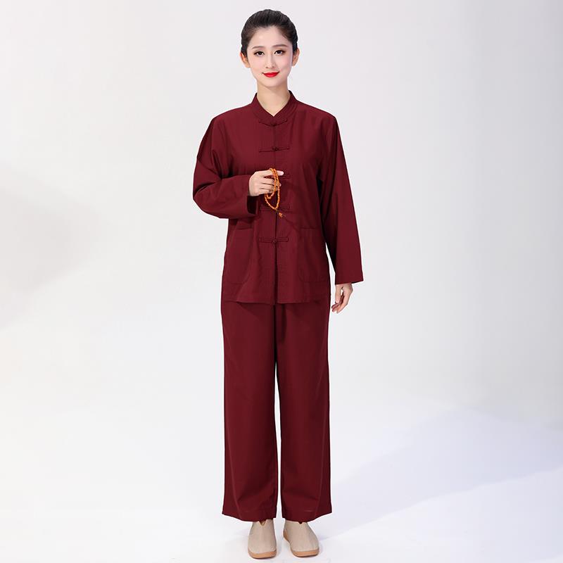 特价海青居士服僧衣服女男款禅修服套装春夏秋四季咖酒红色上衣和