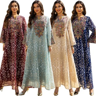 外贸长裙女穆斯林大码连衣裙网纱刺绣绣花拼接长袍中东女装裙子
