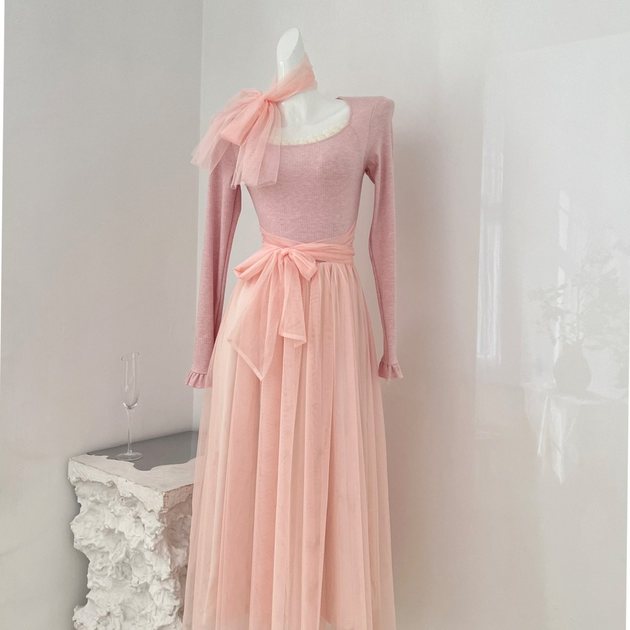 少女感温柔显白拼接网纱仙女风显瘦长袖连衣裙