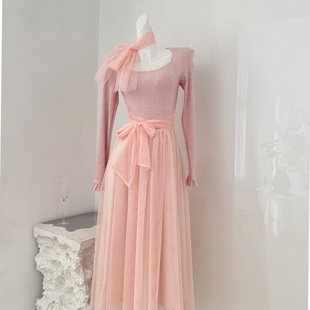 少女感温柔显白拼接网纱仙女风显瘦长袖 连衣裙