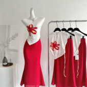 吃绿色菜红蕊新中式 du家手绘红色印花气质显白T恤半裙套装