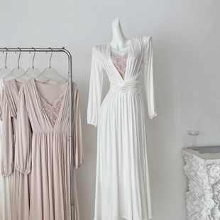 淡香纯欲风蕾丝拼接长袖 连衣裙扭结设计收腰显瘦长裙