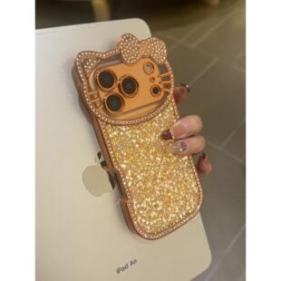 金灿灿橙色亮片猫咪适用苹果iPhone17promax手机壳17pro新款16pro保护套14pro女款13全包防摔15pro超好看哇塞