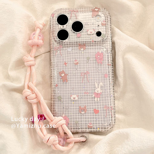韩系格纹可爱小熊兔子带挂绳适用苹果17PRO手机壳iPhone17ProMax新款16pro女款小众15全包17防摔透明硅胶软壳