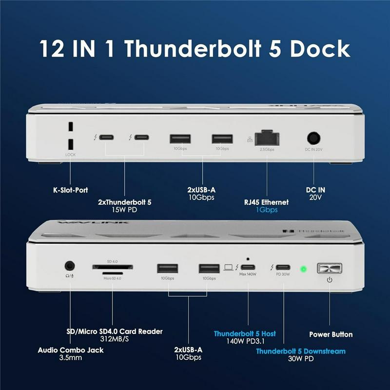 WAVLINK 带140W PD 12合1 Thunderbolt 5拓展坞站适用笔记本电脑