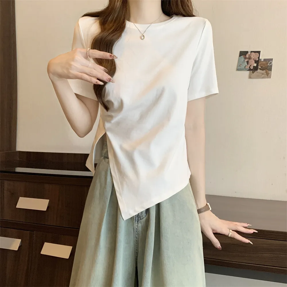 242#实拍 纯棉圆领短袖T恤女纯色不规则开叉高腰修身设计感上衣