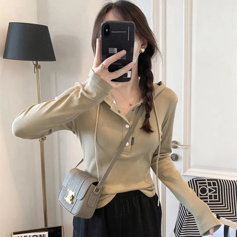 连帽长袖t恤女2025春秋新款韩版修身显瘦短款上衣打底衫ins潮卫衣