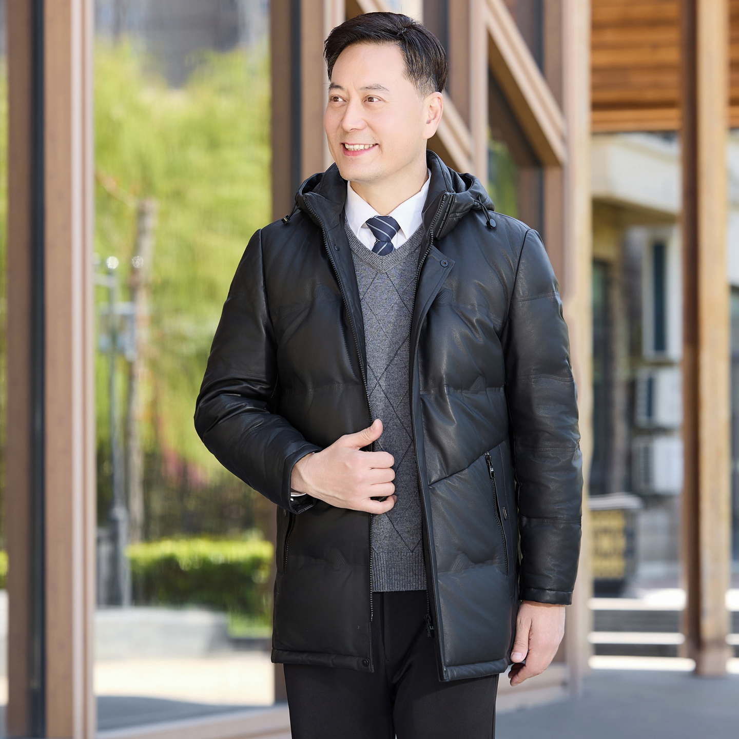 爸爸装真皮皮衣鹅绒服男中老年头层绵羊皮羽绒服中长款连帽外套冬