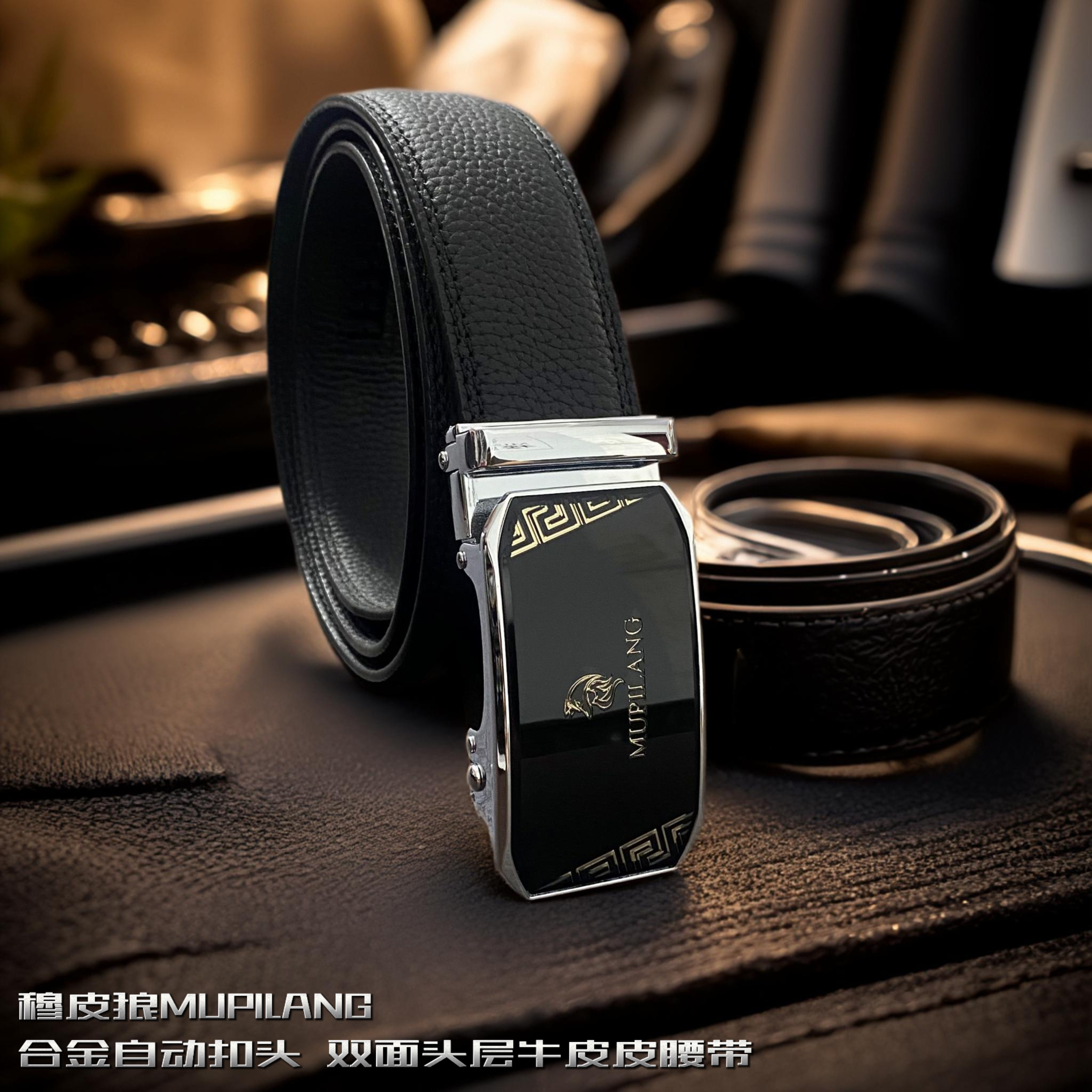 新品上市头层牛皮3.5宽美观荔枝纹男款自动扣皮带穆皮狼MUPILANG